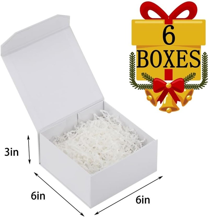 PACKGILO 6 Pcs Small White Gift Box 6x6x3 Inch Magnetic Gift Box Small Magnetic Box with Crinkle Paper White Small Gift Box with Shredded Paper Luxury Gift Boxes with Lids for Presents - Image 3